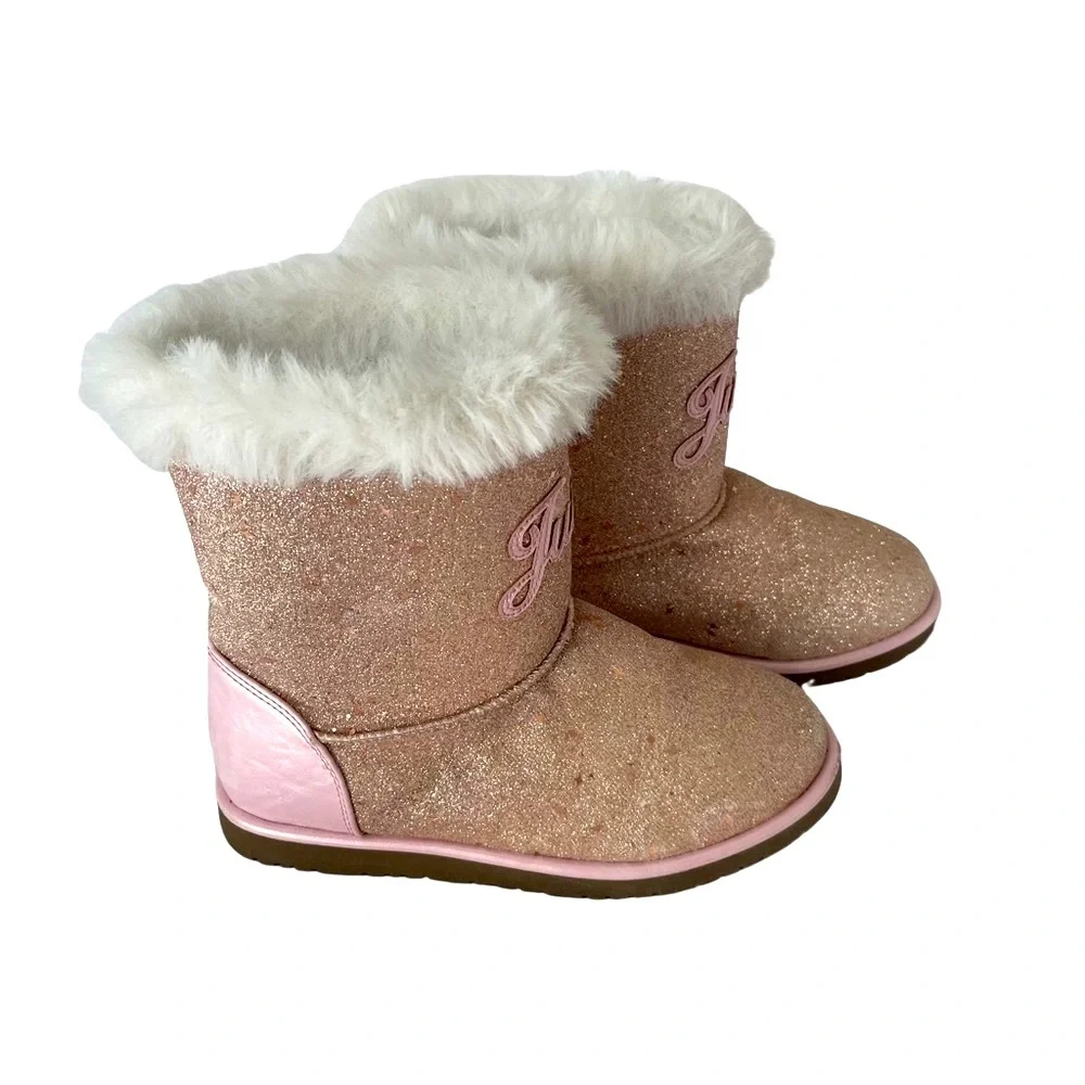 Juicy Couture Big Girls Temecula Gold/Pink Logo Glitter Faux boots size 4